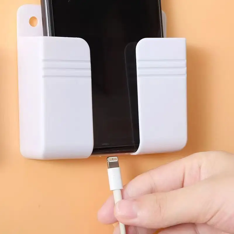 Wall Mount Phone Holder Polychromatic Punch Free Wall Mobile Phones Charging Stand Lazy Sticky Remote Control Storage Box view 3
