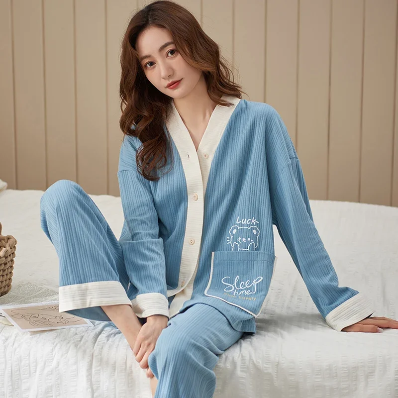 Women's cartoon Pajamas Sets 2025 spring Long Sleeve and Long Pants Kimono Cardigan Sleepwear Pijamas Cozy Pyjamas soft homewear