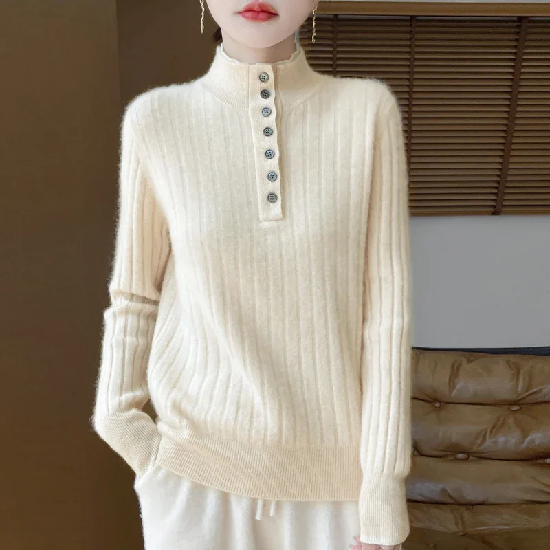 

2025 Women's Cashmere Sweater 100% Merino Wool Stand Collar Pullover Winter Knitwear Tops
