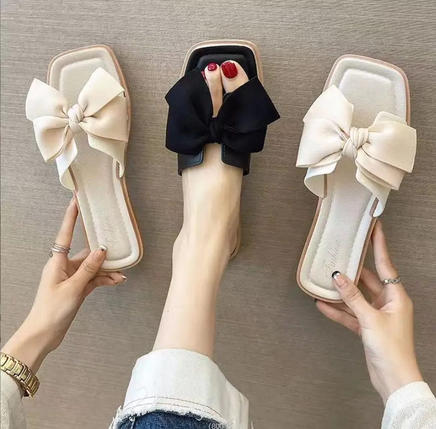 2023 Women's Sandals Flat Heels Bow Tie Wearing Fashion Outer Women's Slippers Women Shoes