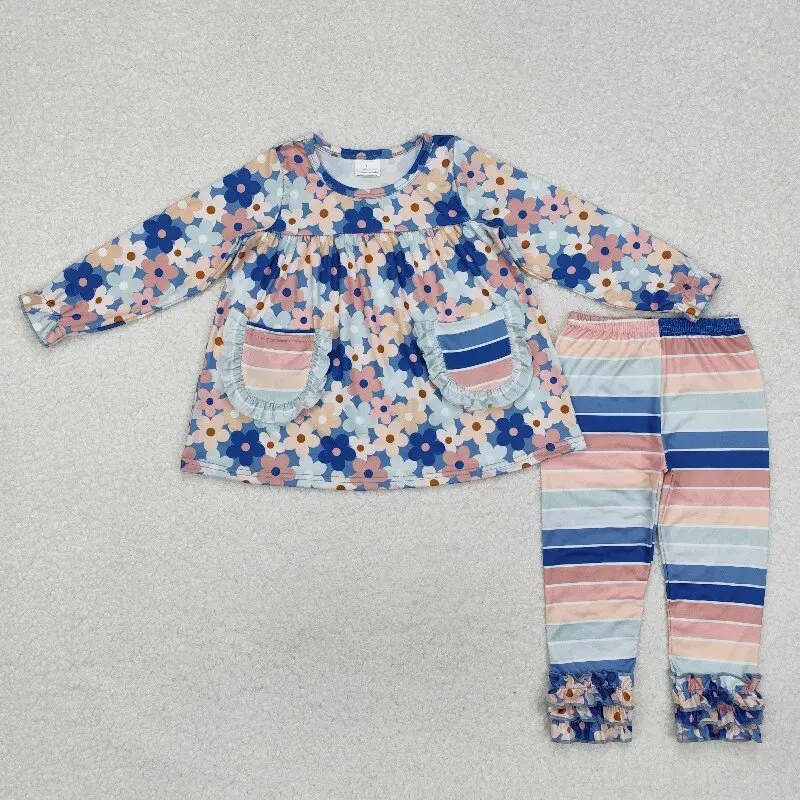 

8.26y Winter Baby Girls Suit Pink Blue Flower Pocket Long Sleeve Top with Colorful Striped Trousers Wholesale