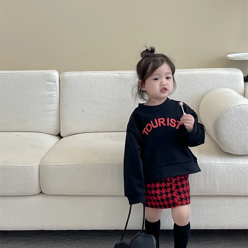 

Girls' suit Korean style 2024 autumn new printed long sleeve sweater bird grid skirt fashionable tide all-matching cute