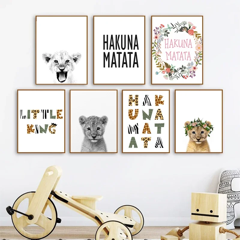 Impresiones artísticas de Hakuna Matata, póster nórdico de animales para bebé, dibujos animados clásicos de Disney, pintura en lienzo del Rey León, decoración de pared de habitación para niños