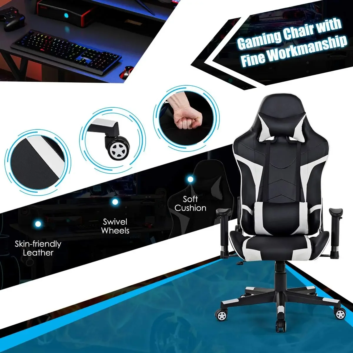 Conjunto de mesa e cadeira para jogos, mesa ergonômica para jogos e-sports e conjunto de cadeiras de corrida com suporte para copos, suporte para monitor, gancho para fone de ouvido