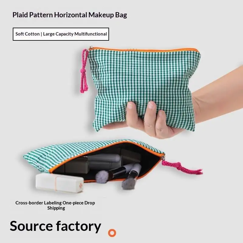 Koreanische karierte Make-up-Tasche aus Baumwolle mit großem Fassungsvermögen, Reißverschluss, Kosmetik-Aufbewahrungstasche, tragbare Reisewaschtasche für Mädchen, Geschenk – Detail 1