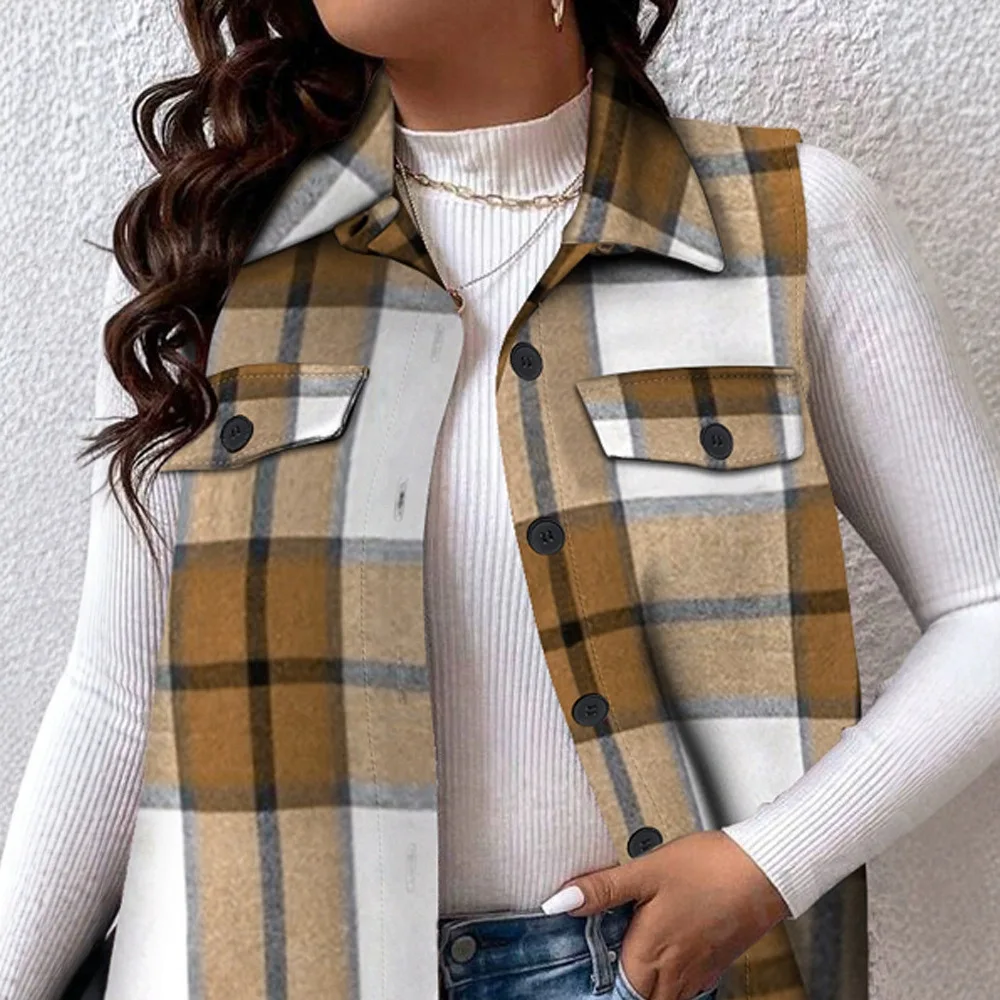 Women Vest 2024 Autumn Winter Spring New Fashion Casual Coat Elegant Fashion Casual Plaid Flap Detail Sleeveless Jacket Female