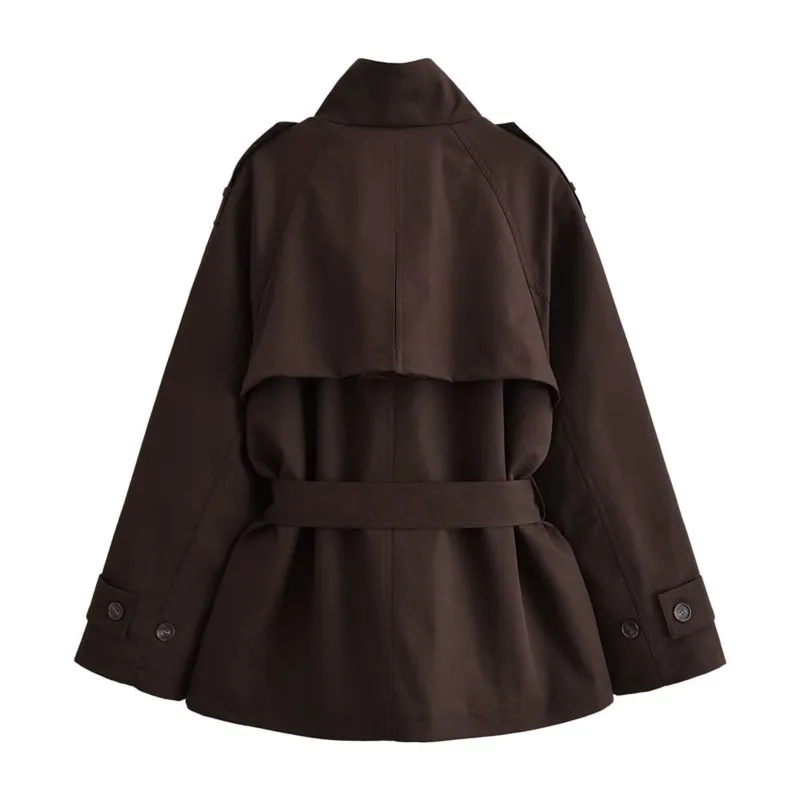 Women's Short Trench Jacket With Belted New 2026 Autumn Long Sleeve Shoulder Tabs Button Woman Winter Jacket Chic Female Coat