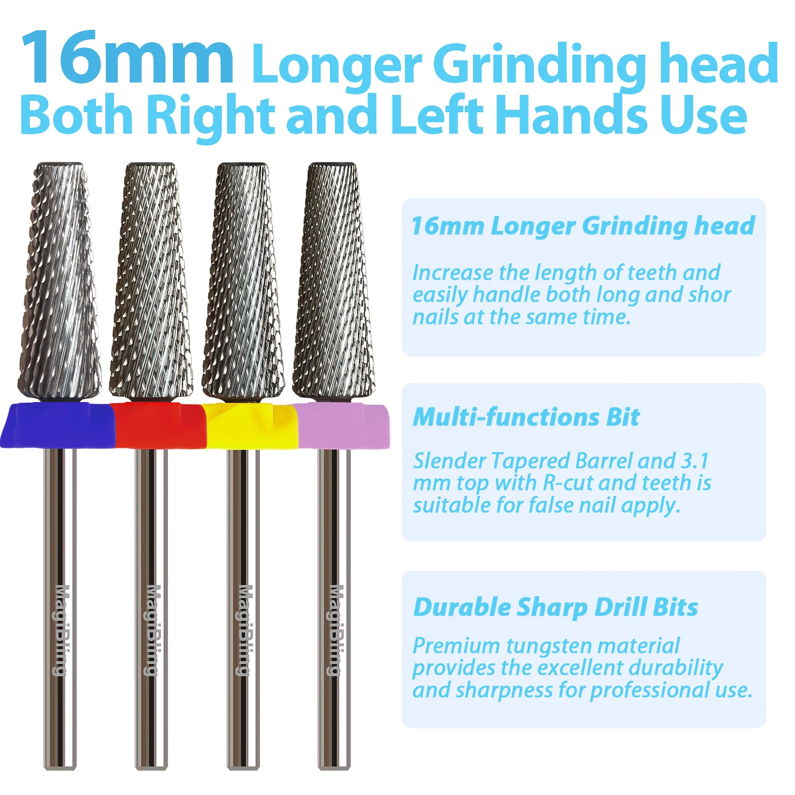 MagiBling 16mm 5in1 ネイルドリルビット 超硬テーパービット 右左両用 ジェル除去 アクリルネイルカッター マニキュアツール 3/32インチ