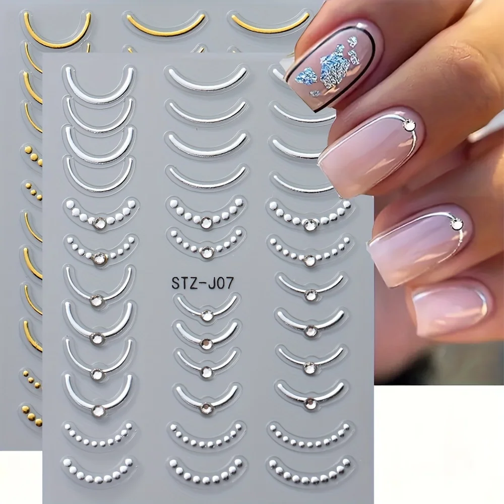 2Pcs Rhinestones Gold Silver French Style 3D Nail Stickers Retro Wave Line Pearl Adhesive Slider Nail Art Decoration Decals