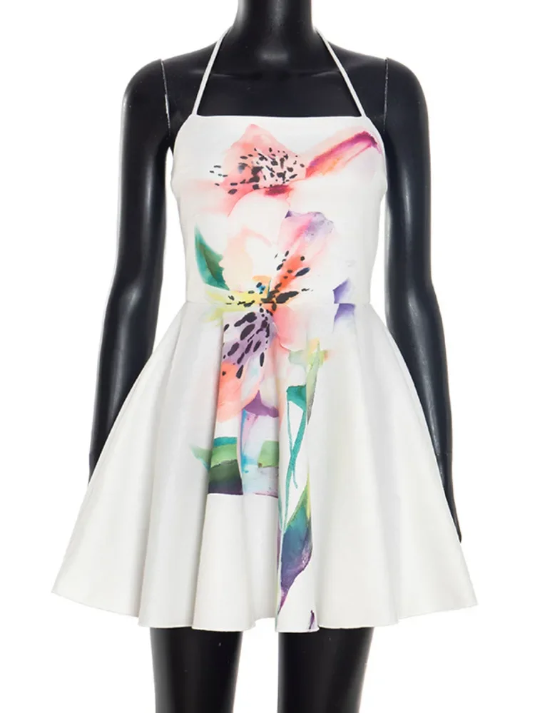 

Halter Backless Print Sexy Mini Dress Women Fashion Square Collar Lace-up Sleeveless High Waist A-line Club Party Dress 2025