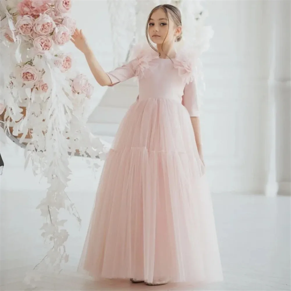 

Customized Elegant Pink Flower Girl Wedding Dress Half Sleeve With Bow Princess Birthday Party Banquet Holy Communion Gown