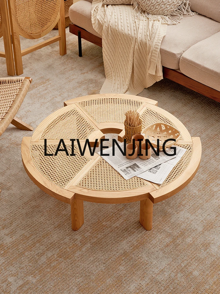 RWJ Coffee Table round Solid Wood Gear Special-Shaped Rattan Small Apartment