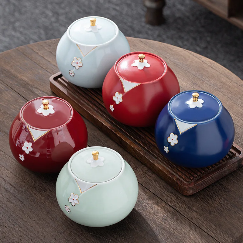 Japanese-style Portable Mini Ceramic Pot Embossed Plum Jar Sealed Tea Box Coffee Bean Candy Food Container Art Decor