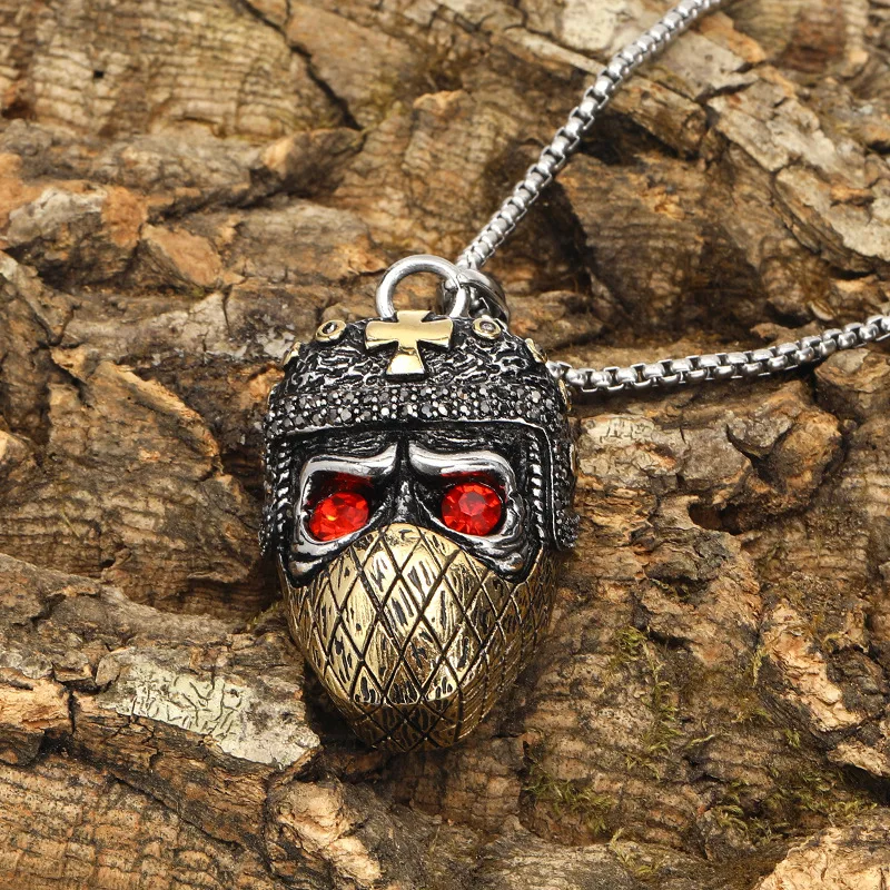 European and American hip-hop fashion personality diamond inlaid steel helmet skull stainless steel necklace pendant