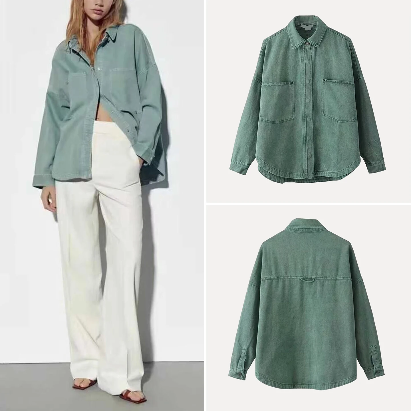 

Z Women's Loose Fit Long Sve Collar Denim irt Jaet with kets Summer 2025 New Arrival Casual Commute Sle
