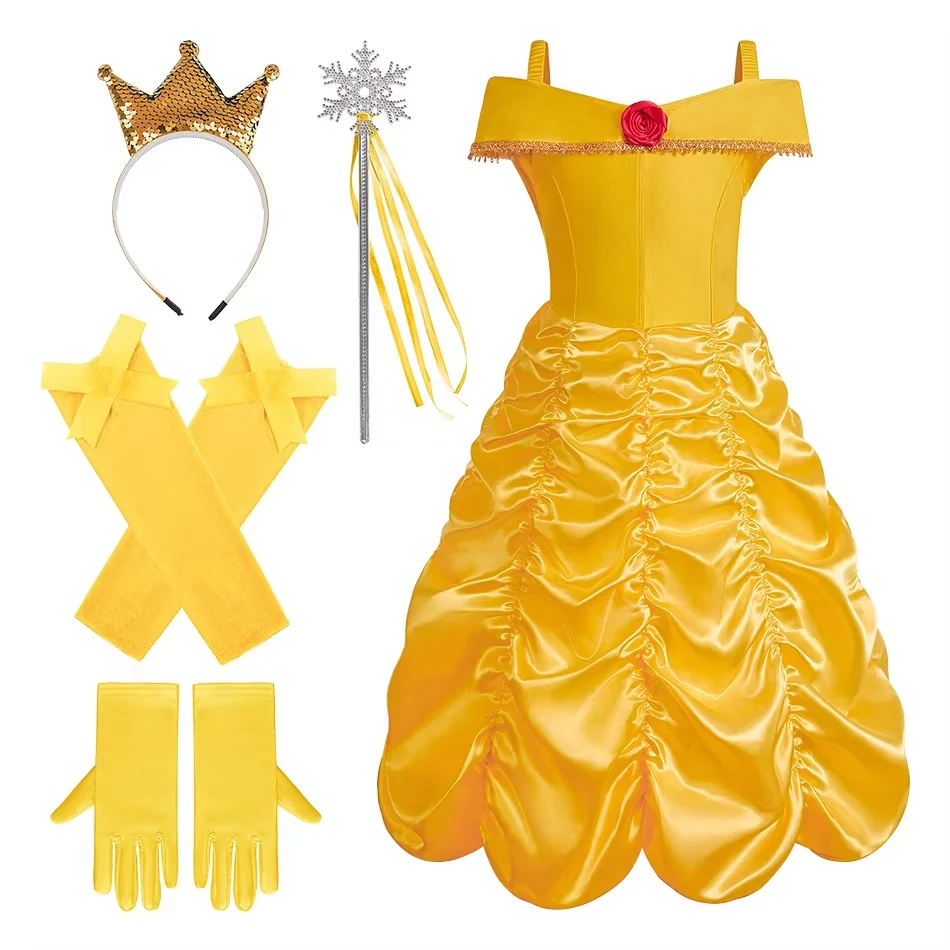 Mädchen Prinzessinnenkleid Gelbes Partykostüm für Kinder Märchenhaftes Ballkleid mit Krone Zauberstab Handschuhe Kinder Cosplay Geburtstagsoutfit