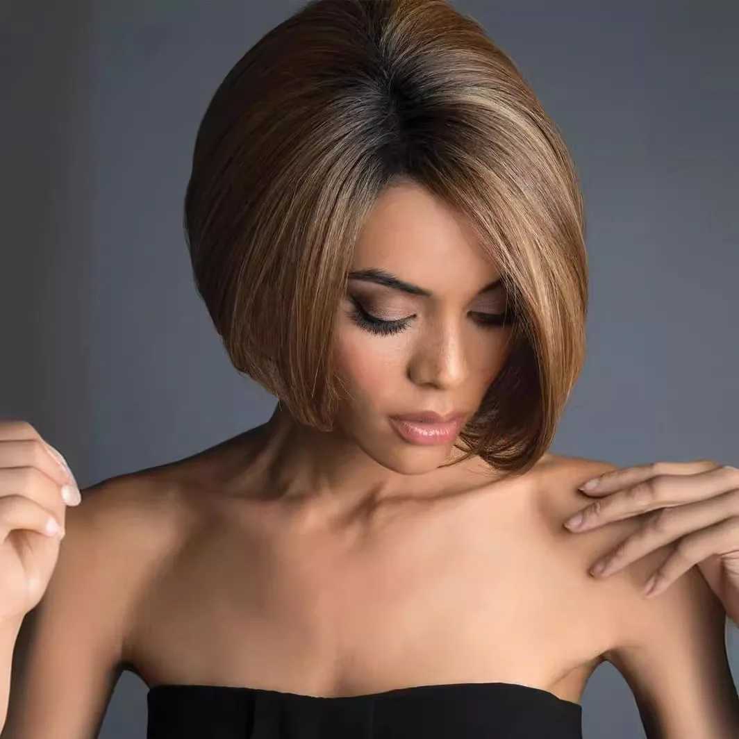 

Коричневый омбре парик-боб с угловатым краем, натуральный гладкий, термостойкий, из синтетических волос, полный парик для женщин