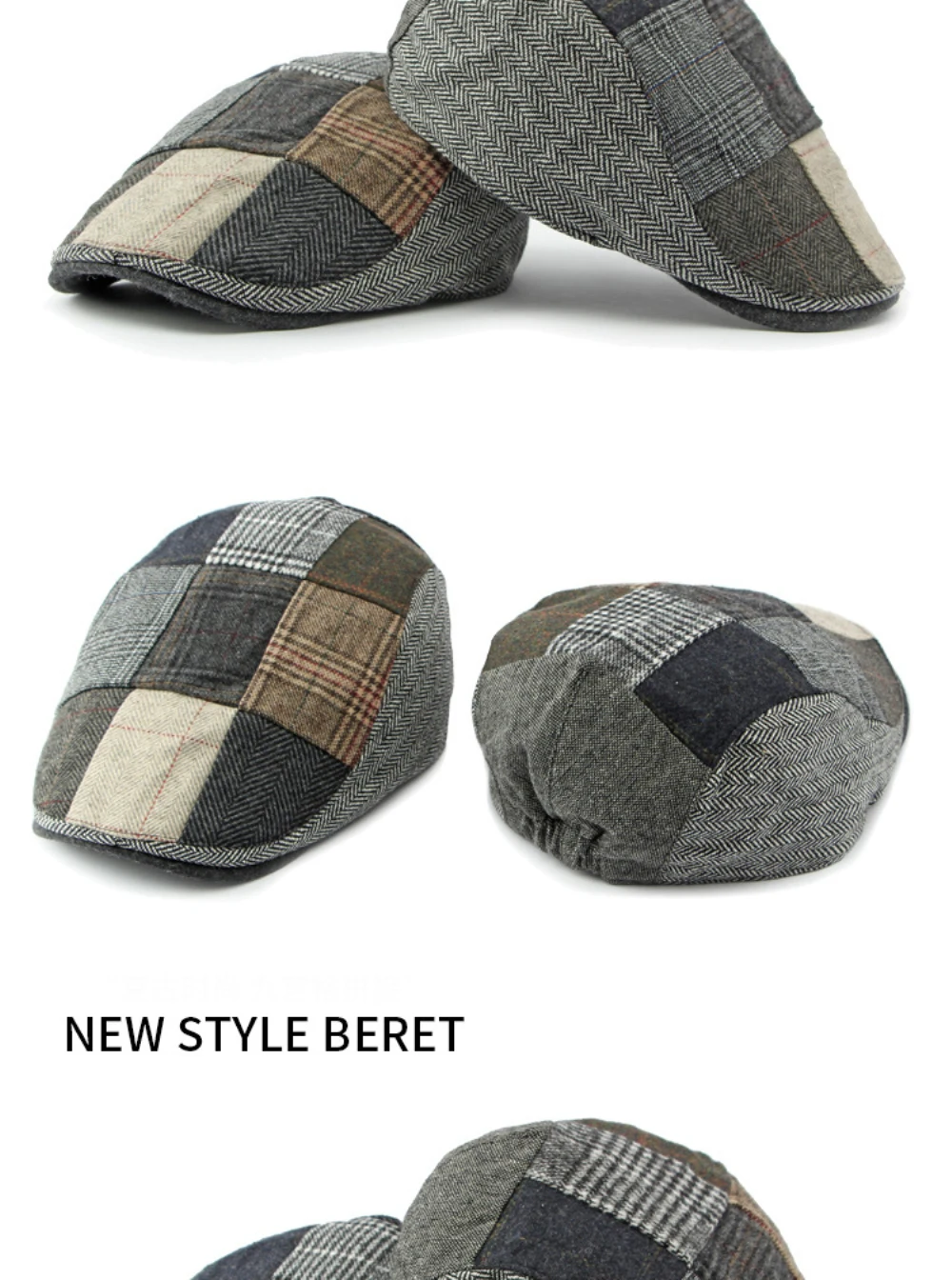 HT4295 Baskenmützen Frühling Herbst Winter Woll-Baskenmütze Patchwork Kariert Künstler-Malermütze Herren Damen Ivy Flachmützen Unisex Baskenmütze – Detail 2