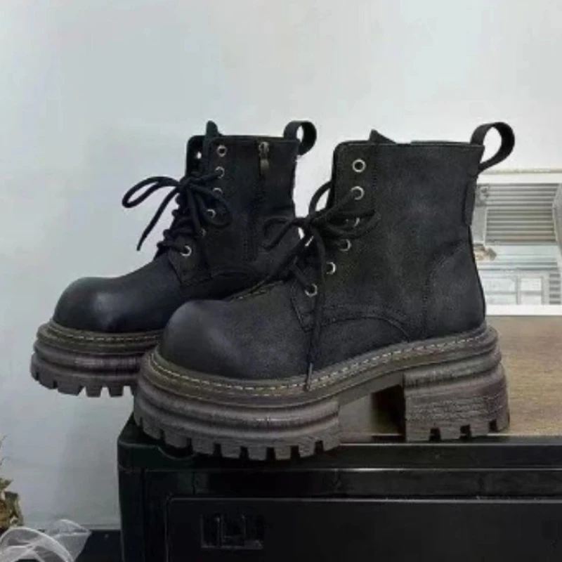 الرجعية جولة تو حذاء من الجلد للنساء أزياء من الدانتل متابعة الخياطة تصميم تشيلسي الأحذية مريحة عدم الانزلاق منصة مقاومة للماء الأحذية