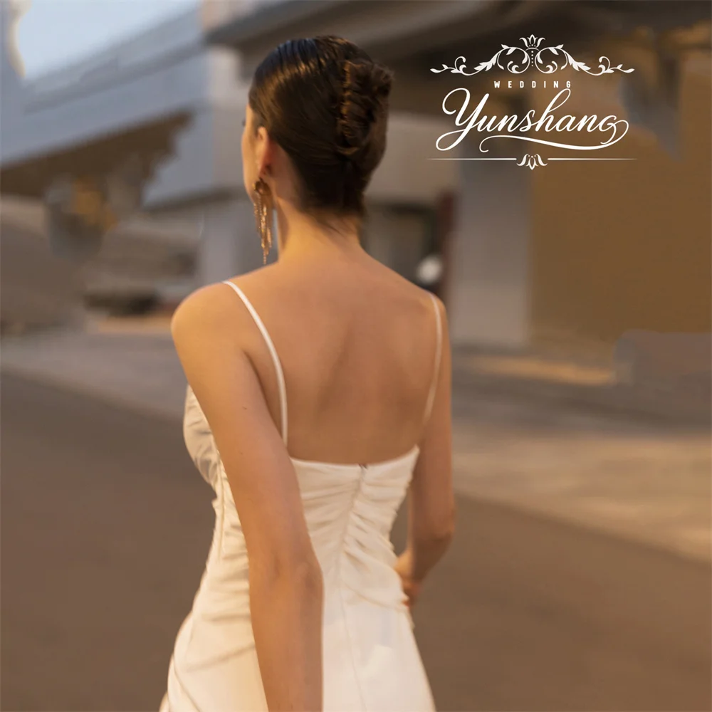 YunShang Customized Simple V-Neck Ruffles Mermaid Wedding Dress Spaghetti Strap Backless High Split Pearls Beading Sleeveless