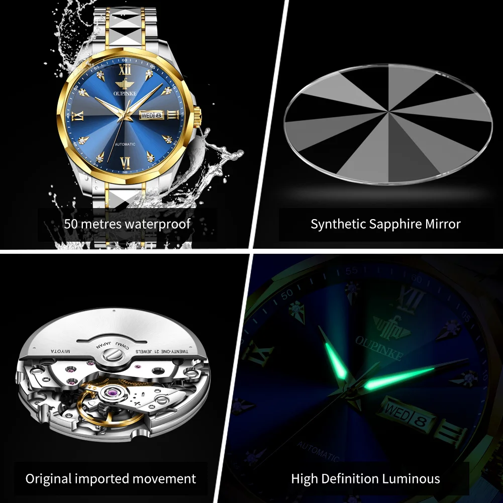 OUPINKE High Quality Mens Watches Prism Shaped Sapphire Mirror Automatic Mechanical Watch 50m Waterproof Tungsten Steel Watch