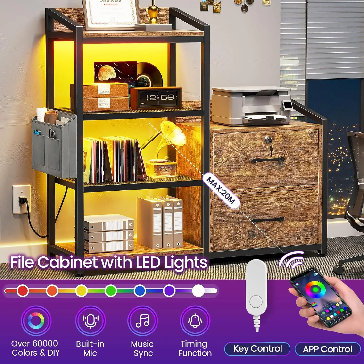 Armário para Home Office, 2 gavetas com Power Strip, se encaixa em tamanho A4 carta, 35,4 polegadas