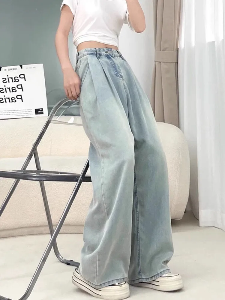 Jeans de Mezclilla de Seda Fina de Cintura Alta y Pierna Recta para Mujer, Plones Anchos de Seda Helada, Estilo Otoñal