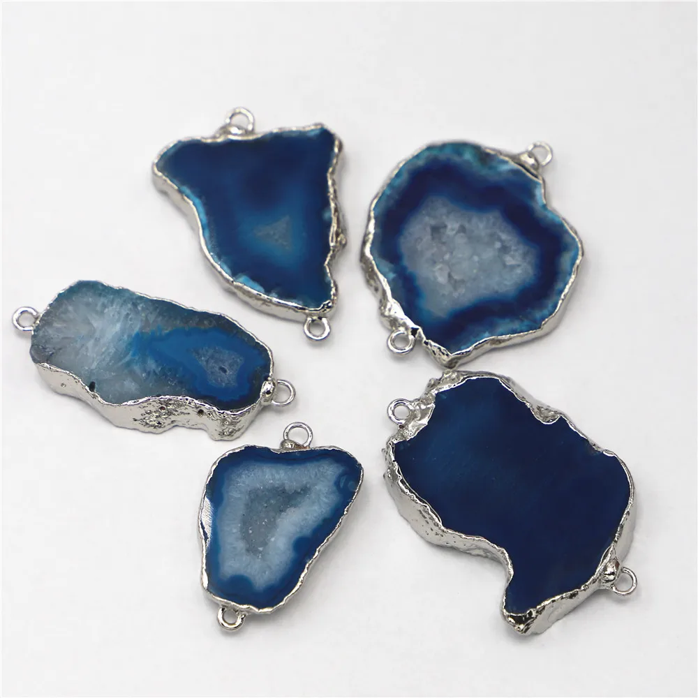 New Natural Stones Blue Agates Druzy Slice Pendants Charms Connectors Irregular Raw For DIY Men Jewelry Making Wholesale 5PCS