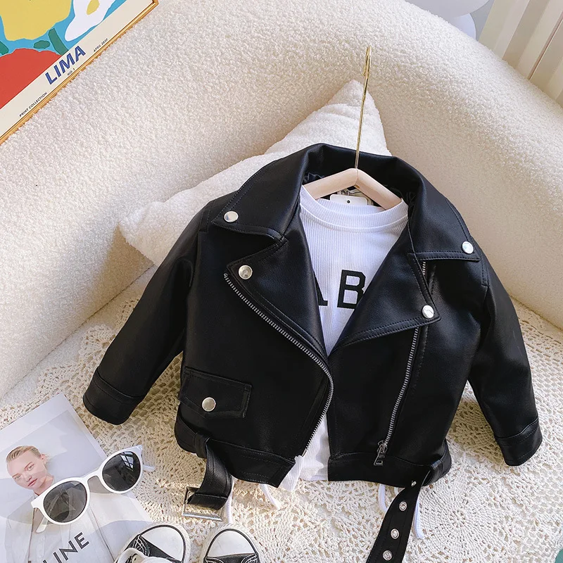 New Girls Leather Jacket Boys Short Lapel Solid Colour Coat 2024 Spring Autumn Children\'s Fashion Casual Zip Clothing 2-8 Years