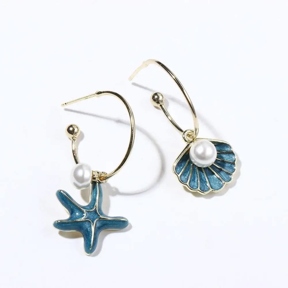 Drip Glaze Alloy Pearl Earrings Starfish Sea Shell Eardrops Blue Elegant Ear Accessories Women