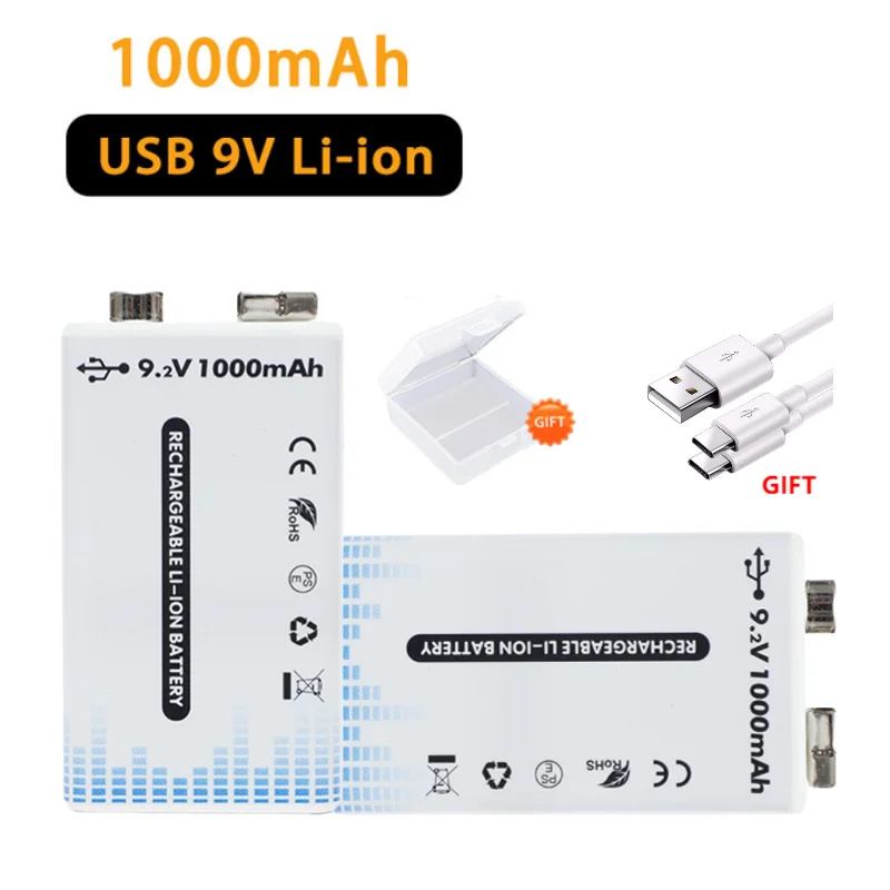 9V Rechargeable Li-ion Battery 1000mAh High Capacity USB Rechargeable Li-ion Battery for Multimeter Walkie Talkie Toy Car