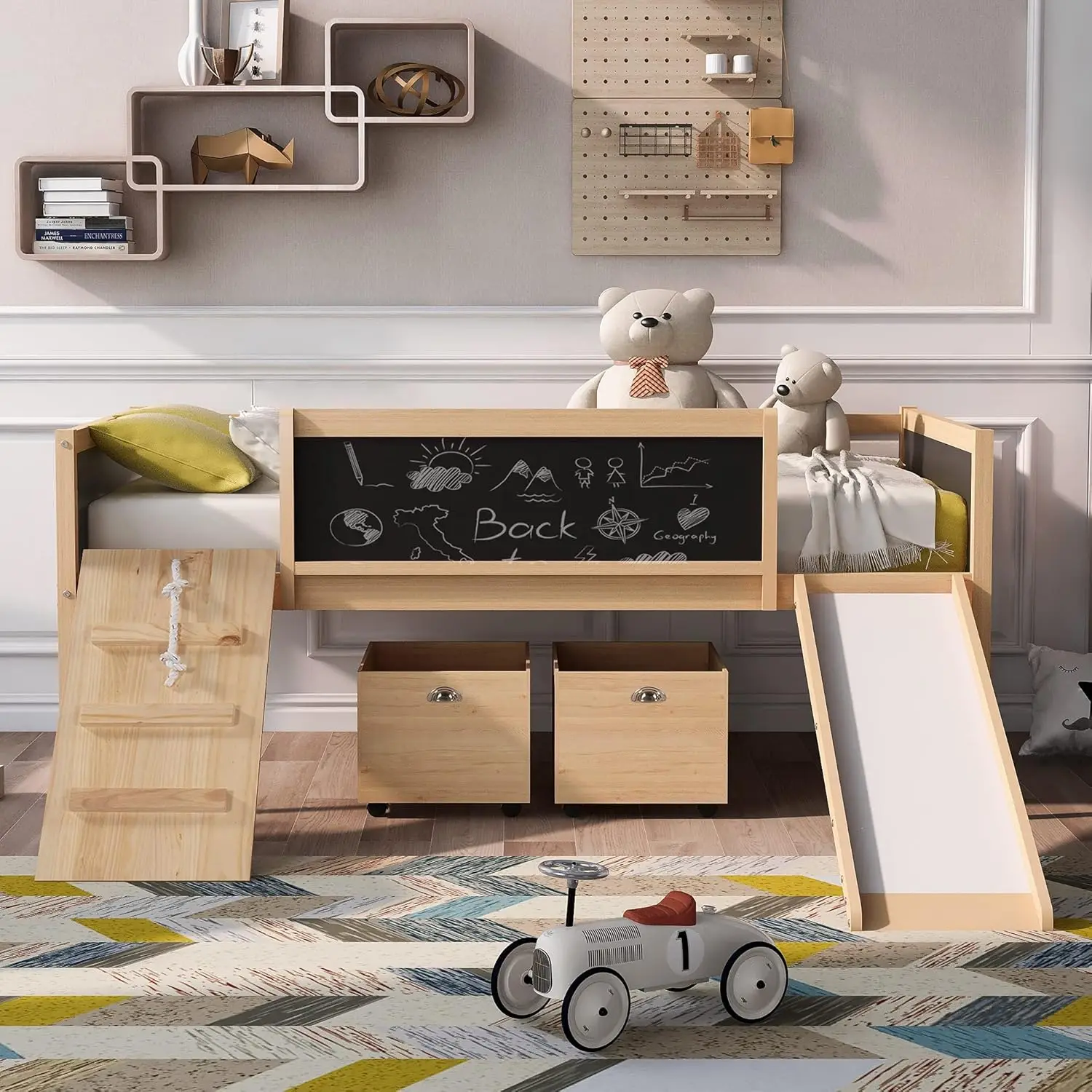 

Low Loft Bed With Slide,Wood Twin Loft Bed For Kids,Loft Bed Twin With 2 Toy Boxes And Decorative Guardrail Chalkboard, Junior