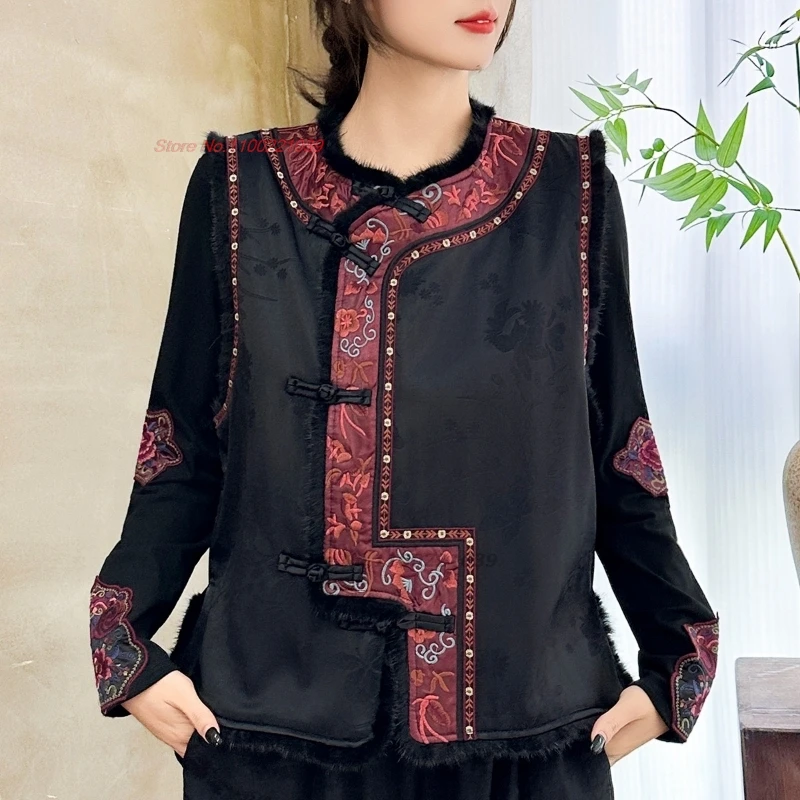 

2025 national flower embroidery satin jacquard vest retro sleeveless jacket hanfu tops traditional cotton-padded o-neck vest