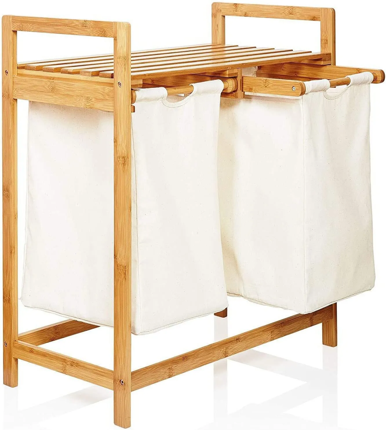 Bamboo Laundry Hamper and Shelf 2 Sections Laundry Basket  Bamboo Dirty Clothes Basket