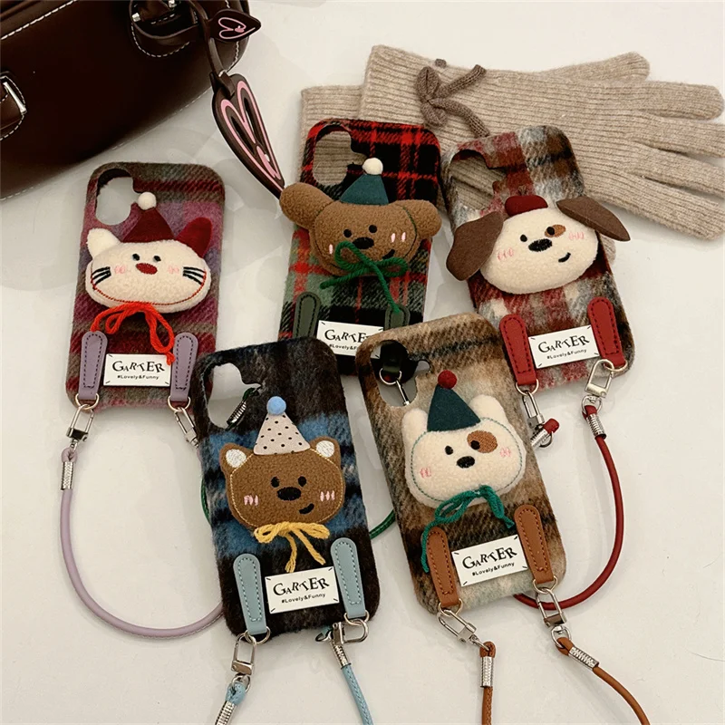 

Fashion Cute Caroon 3D Dog Plush Phone Case For iPhone 17 Pro 15 14 13 16 Pro Max Cover Plaid Pattern Cloth Protective Cases