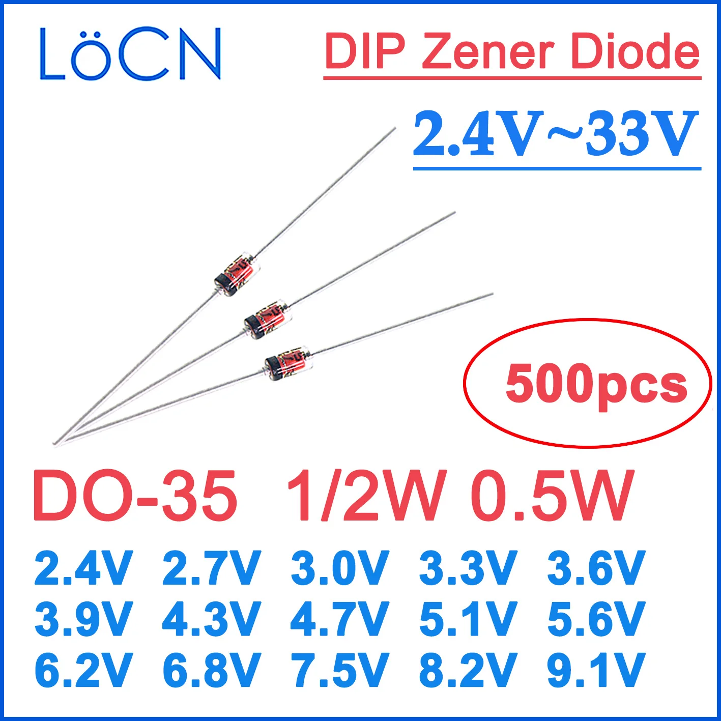 Zener Diodes 0.5W 1/2W DO-35 2.4V 2.7V 3V0 3.3V 3.9V 4.3V 4.7V 5.1V 5.6V 6.2V 6.8V 7.5V 8.2V 9.1V High Quality LoCN 500PCS/LOT