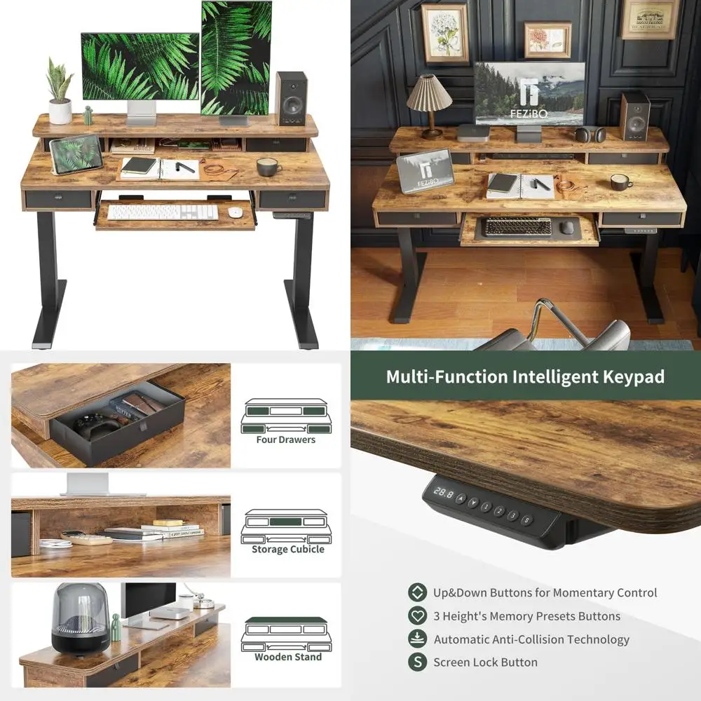 height adjustable electric standing desk with 4 drawers and keyboard tray, 48 x 24 inch table with storage shelf, sit stand des
