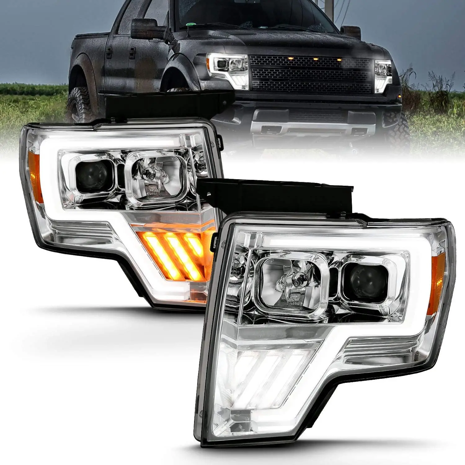 

Replacement Headlights Assembly for 2009-2014 Ford F150 Switchback LED Tube Quad Projector Chrome Set - Passenger and Driver Sid