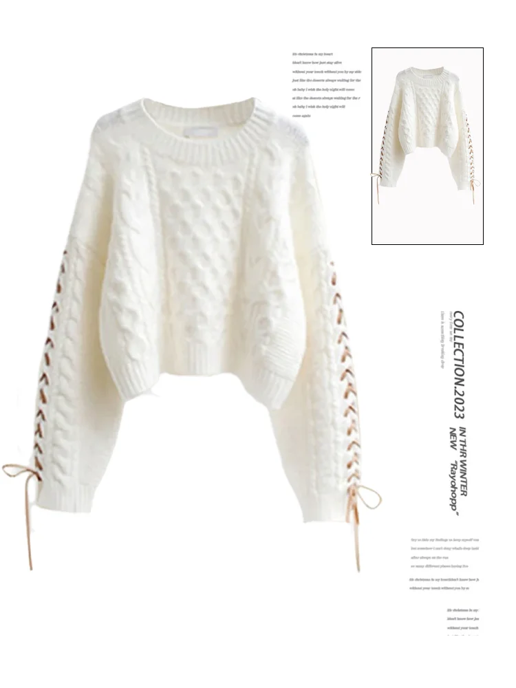 Women White Pullover Knitted Sweater Harajuku Y2k Long Sleeves Sweater Jumper 90s Vintage 2000s Aesthetic Female Clothes Autumn