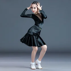 Latin Dance Dress Girls Autumn Winter Training Clothes Velvet Split Skirt Children Long Sleeve Suit Professional Dance Clothes