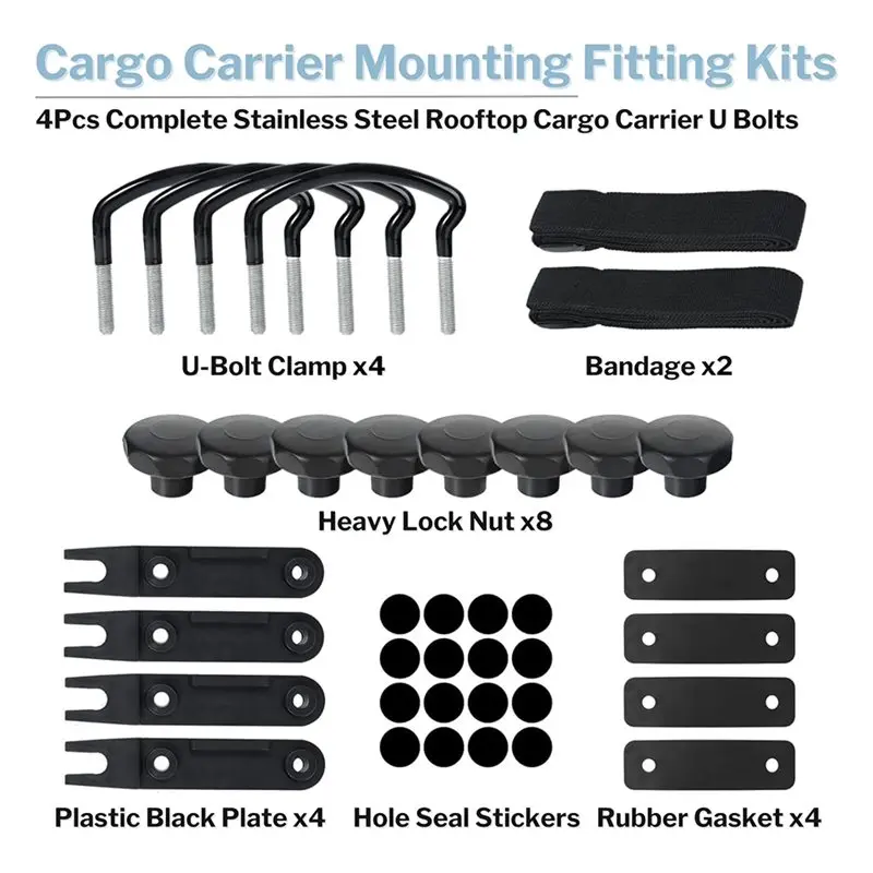 【GIFT】4 Pcs Roof Box U-Bolt Clamps, Rooftop Cargo Carrier Rack Bolts, 85Mm Width U-Bracket Clips With 8 Lock Nuts 2 Straps