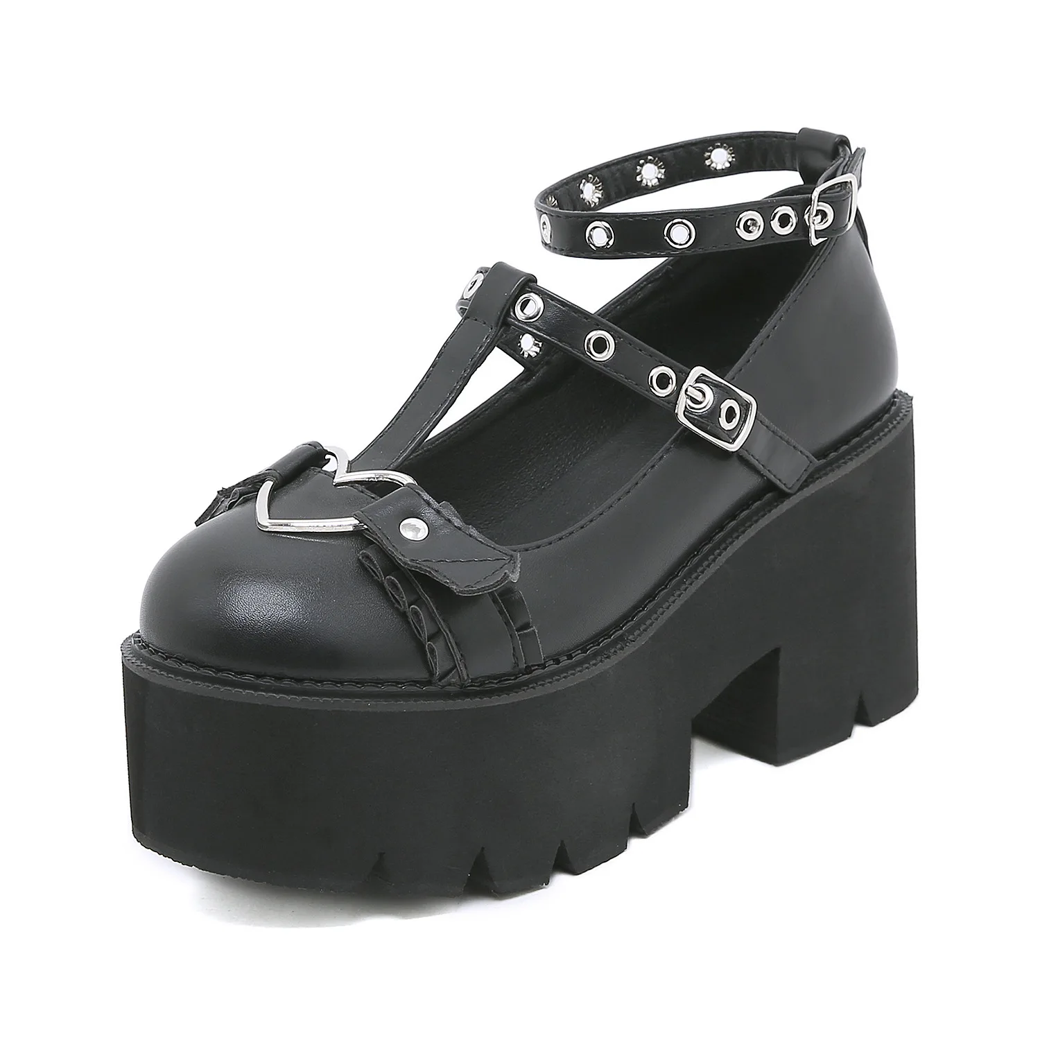 

8cm Women's Vulcanize Shoes with Love Heart Buckle and Cross Strap Cutout, Thick Platform Heel Mary Jane Shoes