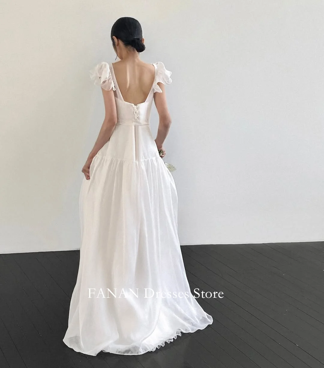 FANAN O-Neck Korea Ivory A-Line Backless Wedding Dresses 웨딩드레스 Short Sleeves Lace Customized Pretty  Bride Gowns Plus Size