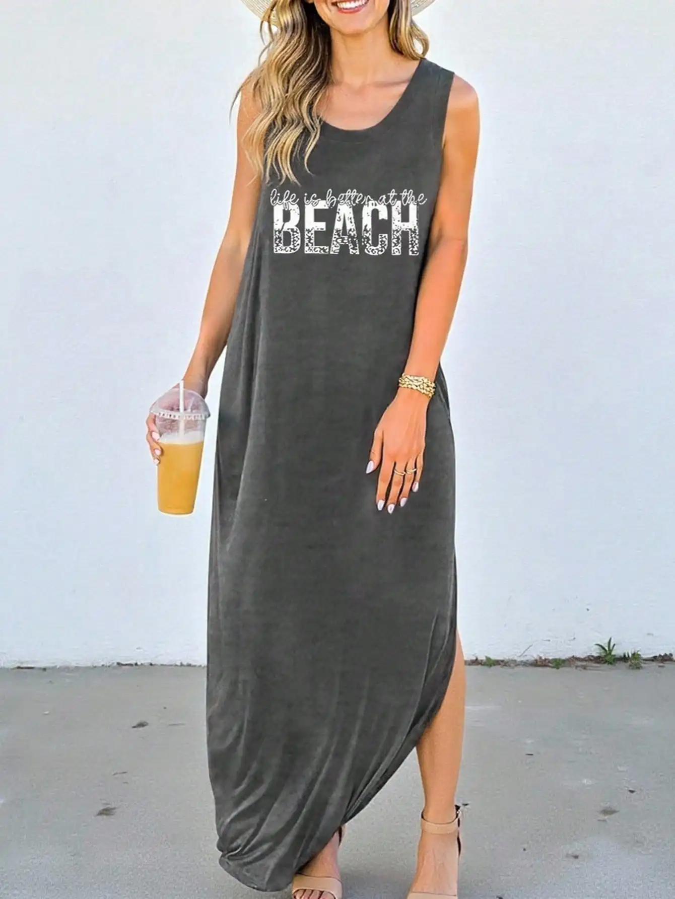 

Women's Sleeveless Round Neck Letter Print Asymmetrical Hem Maxi Dress