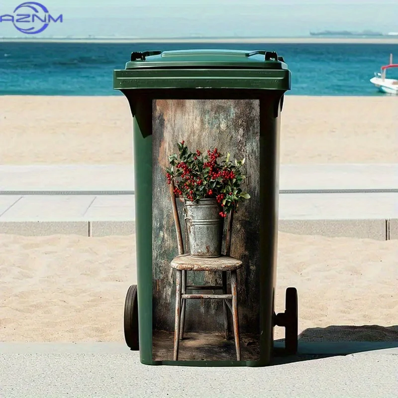 1pc Luxury Peel-and-Stick Trash Can Stickers - Red Berries Bucket on Chair Design, High-Gloss Paper Decals for Plastic Bins, M
