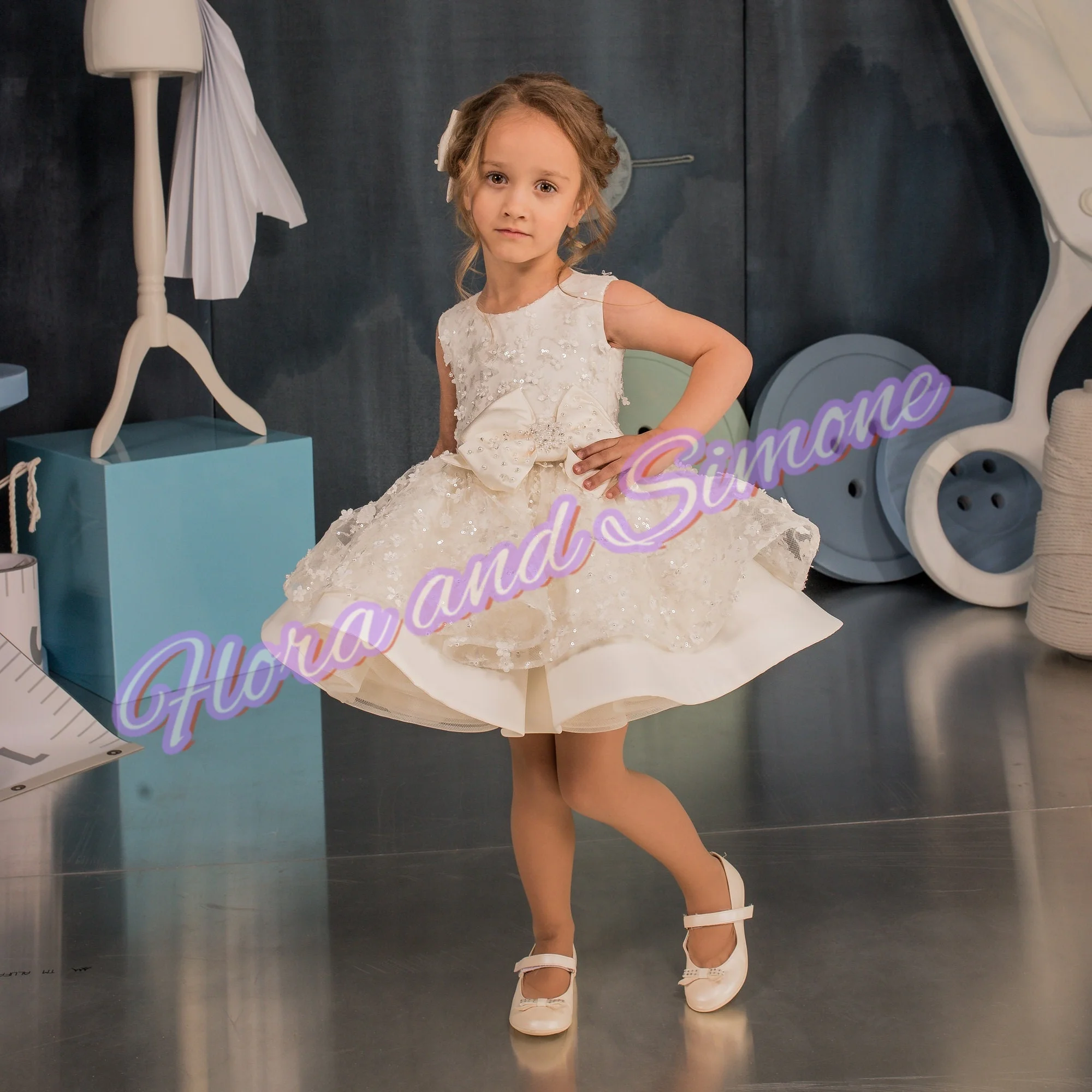 تخصيص أنيقة الترتر الديكور القوس تنورة الديكور زهرة فتاة فستان لحفل زفاف عيد ميلاد Vestidos ملابس الأطفال