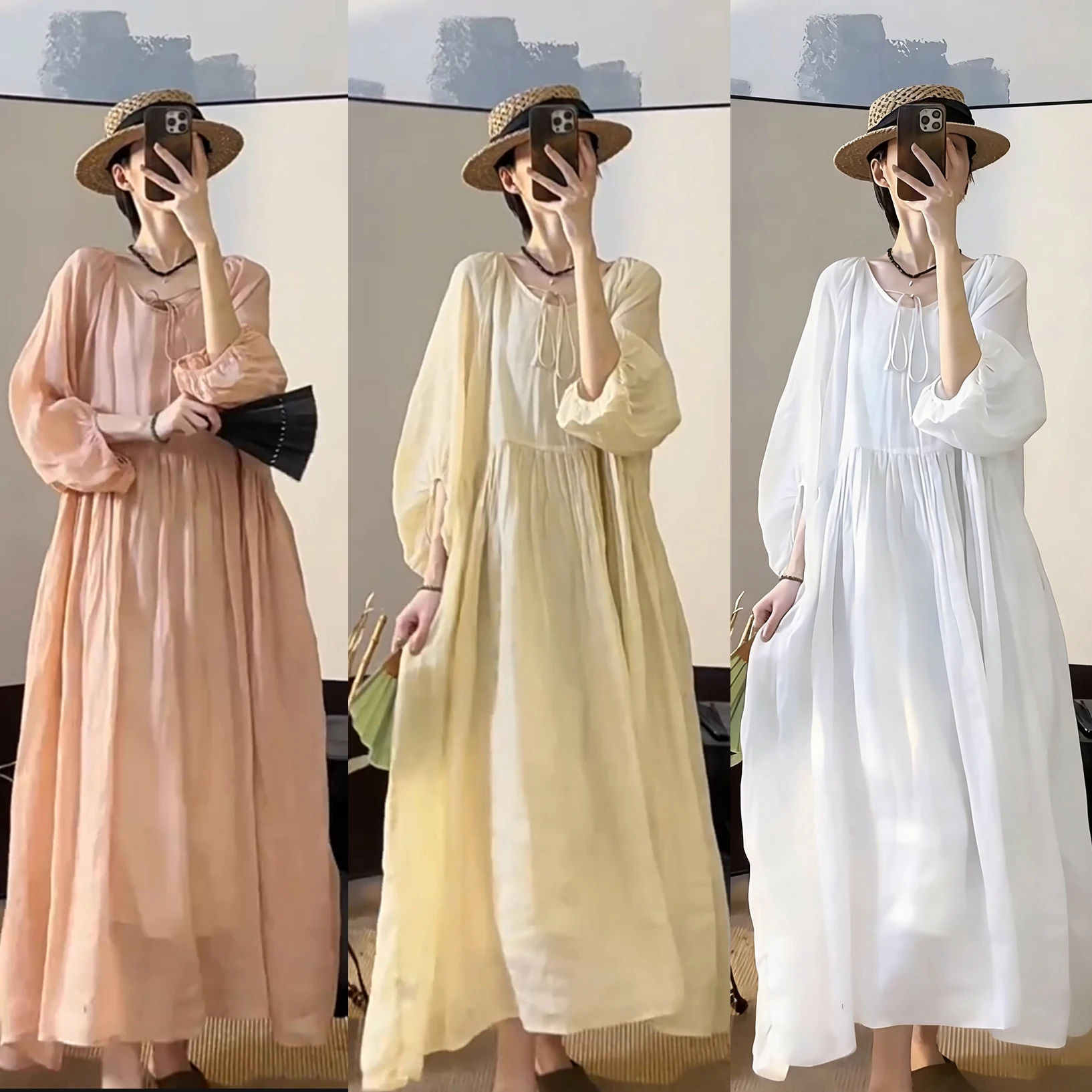 

Spring Summer 2026 Women's Hepburn Style Dress Cotton Linen Lantern Sleeve Gentle Wind Midi Skirt Loose Waist Seven Sleeve