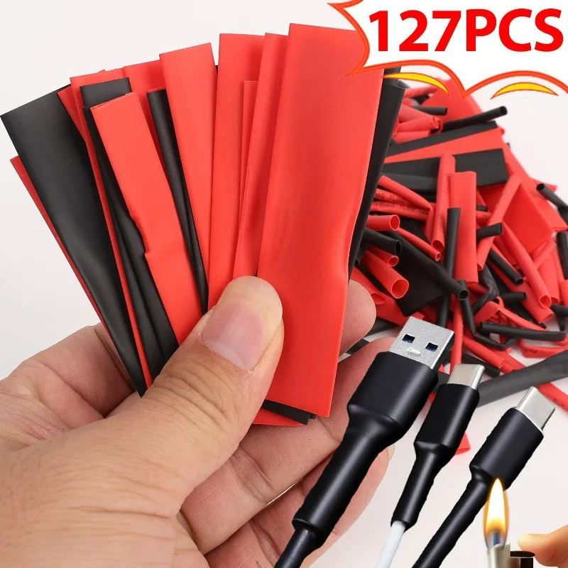 

127 шт., ассортимент термоусадочных трубок, черная, красная полиолефиновая трубка для автомобильного кабеля, комплект обертки, защитные электрические провода