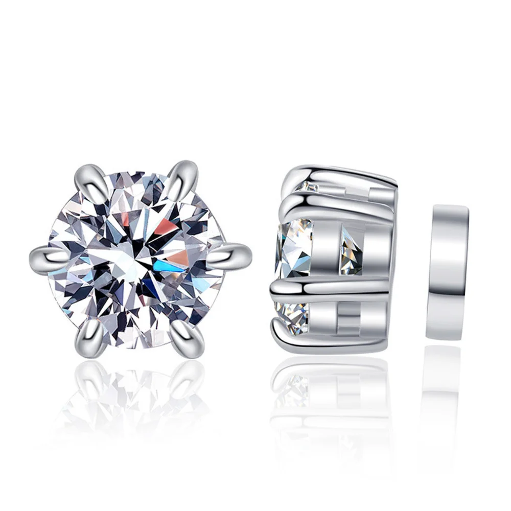 JOIAS HOME S925 Sterling Silver Hole Magnetic Classic 6-claw Ear-studs 1CT Moissanite Earrings for Women Cool Man\'s Ear Jewelry