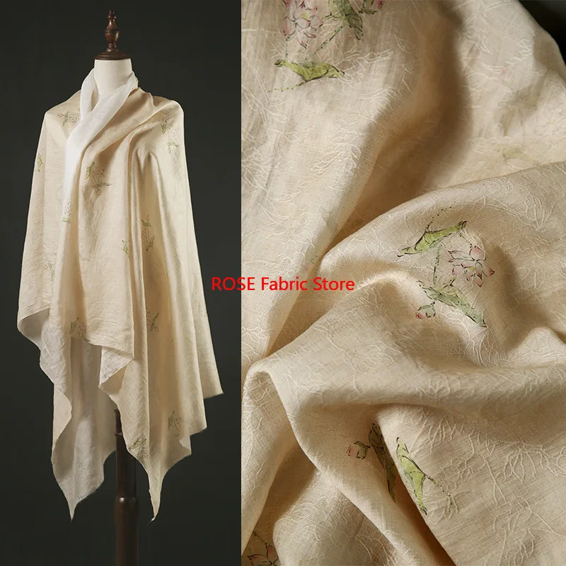 ผ้าแจ็คการ์ดลายดอกบัวแบบโบราณ 1 เมตร ผ้าเนื้อสัมผัสแบบเรโทรสำหรับงานศิลปะ เหมาะสำหรับตัดชุด กระโปรง เสื้อผ้า ผ้าสำหรับนักออกแบบ